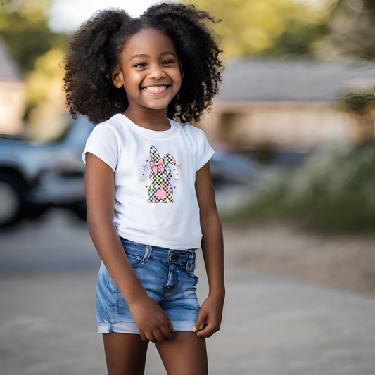 Retro Checkered Bunny Easter T-Shirt – Trendy Easter Tee for Kids & Adults