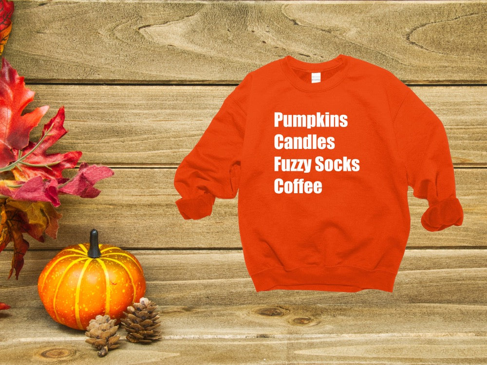 Pumpkins, Candles, Fuzzy Socks, Coffee Sweatshirt